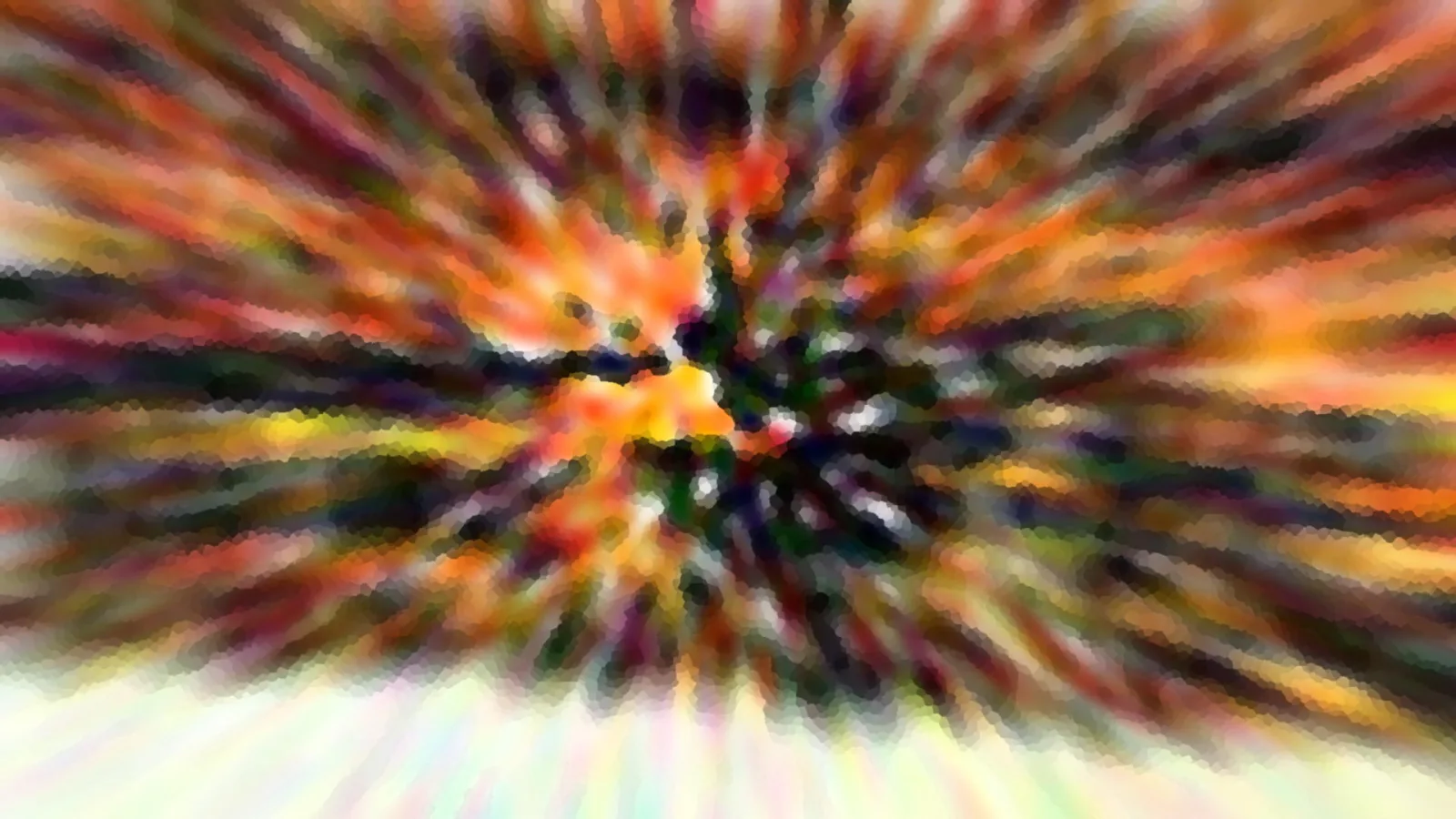 Abstrakte Komposition aus bunten Farbstreifen in Orange, Gelb und Schwarz, die von einem dunklen Zentrum radial nach außen strahlen, unten verblasst das Bild in helles Weiß.