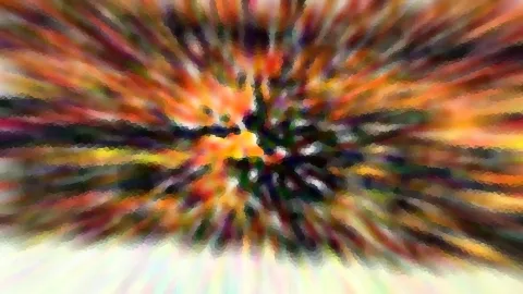 Abstrakte Komposition aus bunten Farbstreifen in Orange, Gelb und Schwarz, die von einem dunklen Zentrum radial nach außen strahlen, unten verblasst das Bild in helles Weiß.