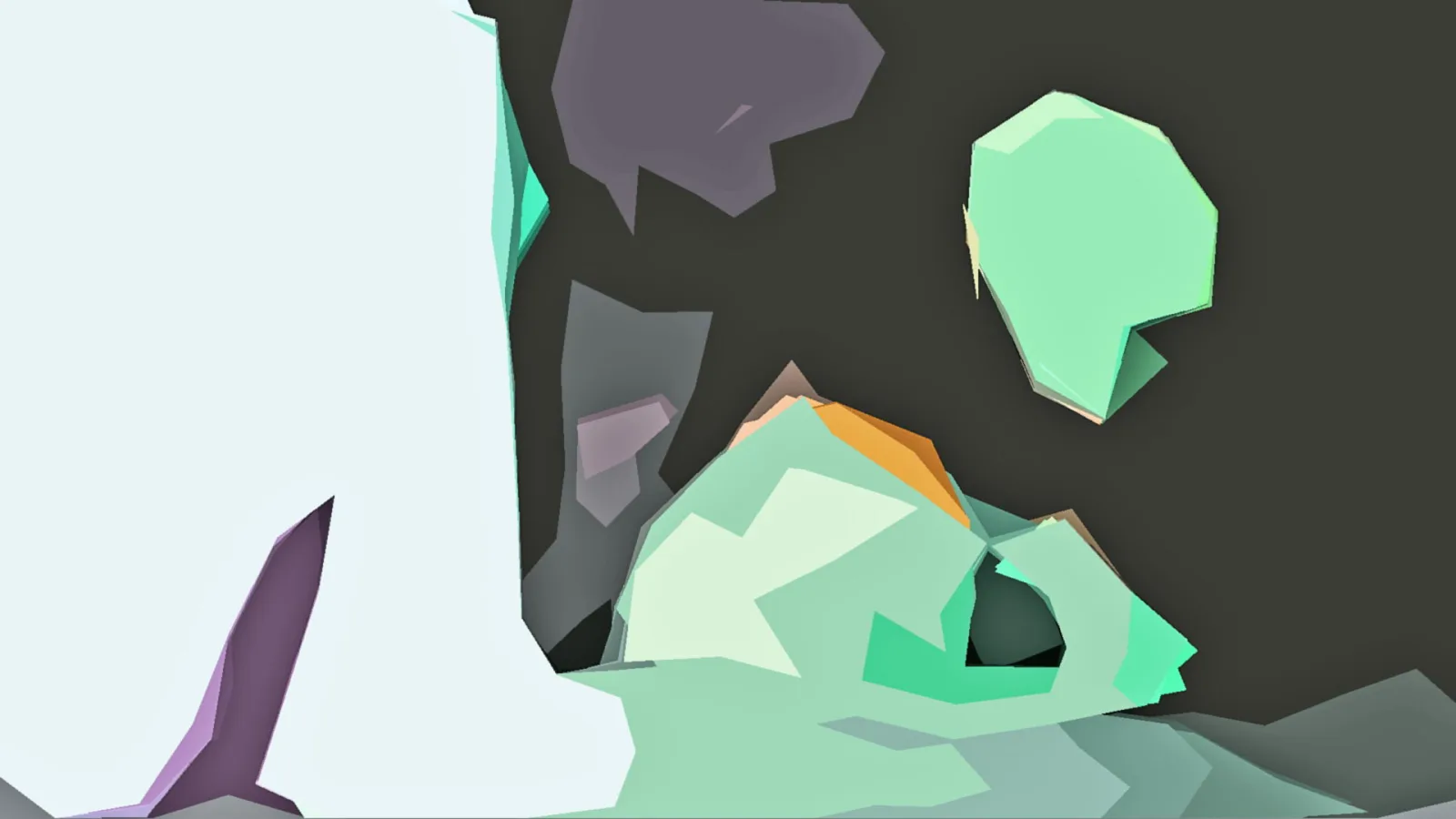 Abstrakte Low-Poly-Komposition mit mintgrünen, weißen und violetten Facetten vor dunklem Hintergrund, links eine große helle Fläche und ein violetter Splitter.
