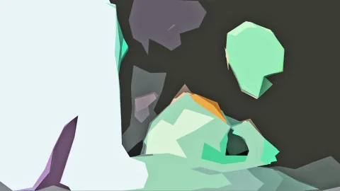 Abstrakte Low-Poly-Komposition mit mintgrünen, weißen und violetten Facetten vor dunklem Hintergrund, links eine große helle Fläche und ein violetter Splitter.