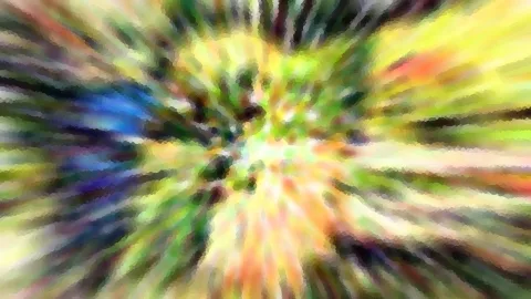 Abstrakte Komposition aus radial verlaufenden, verwischten Streifen in Grün, Gelb, Orange und Blau, die sich zu einem hellen Zentrum hin bündeln.
