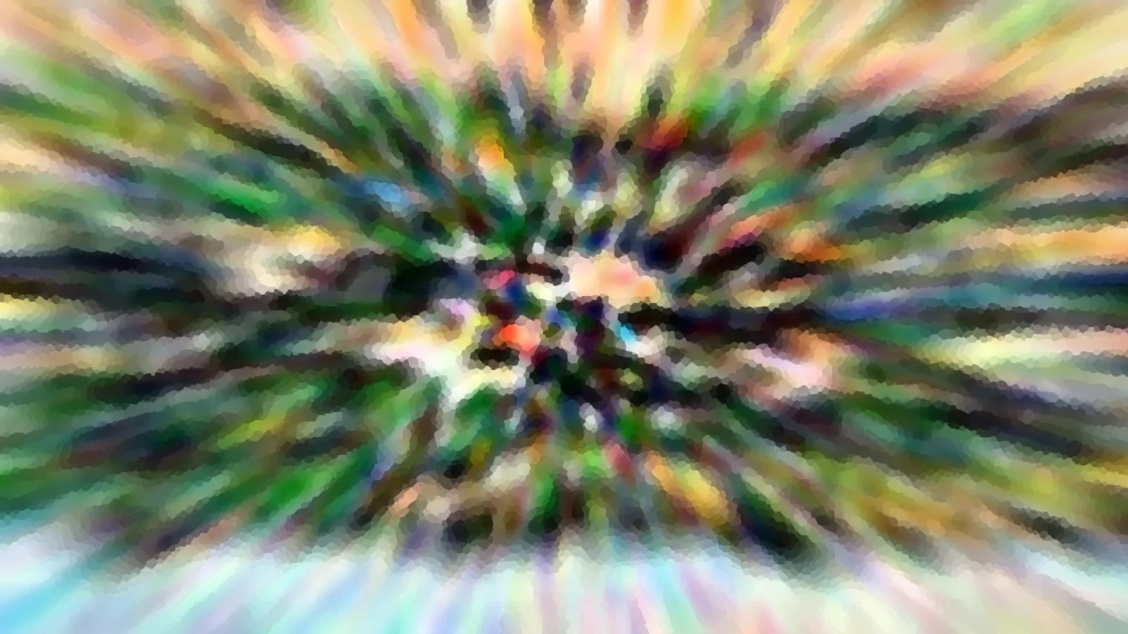 Abstrakte Komposition aus bunten, radial von der Mitte nach außen verlaufenden Streifen in Grün, Gelb, Rot und Blau, die wie eine Zoom-Unschärfe wirken.