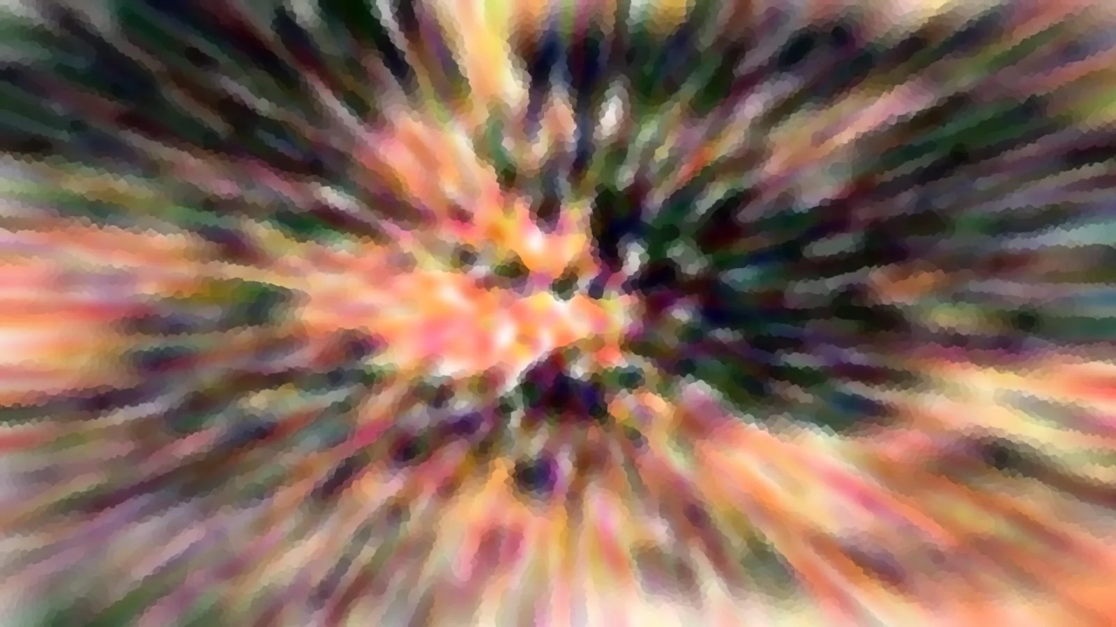 Abstrakte, radial von der Mitte nach außen verlaufende Farbstrahlen in Orange, Rosa, Grün und Dunkelblau, die wie ein Zoomeffekt wirken und grob gerastert erscheinen.