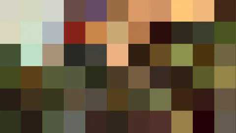 Raster aus etwa sechzig quadratischen Farbfeldern in Beige, Oliv, Braun, Moosgrün und einzelnen Orangetönen.