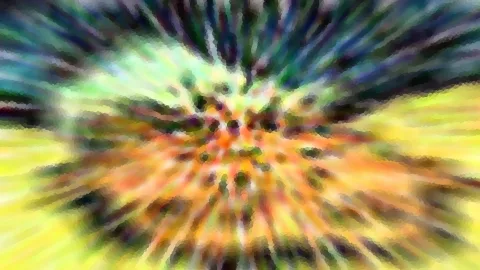 Abstrakte Komposition aus gelben, orangefarbenen und grünen Farbflächen, die radial von einem hellen Zentrum nach außen strahlen, mit dunklen Punkten und Blau am oberen Rand.