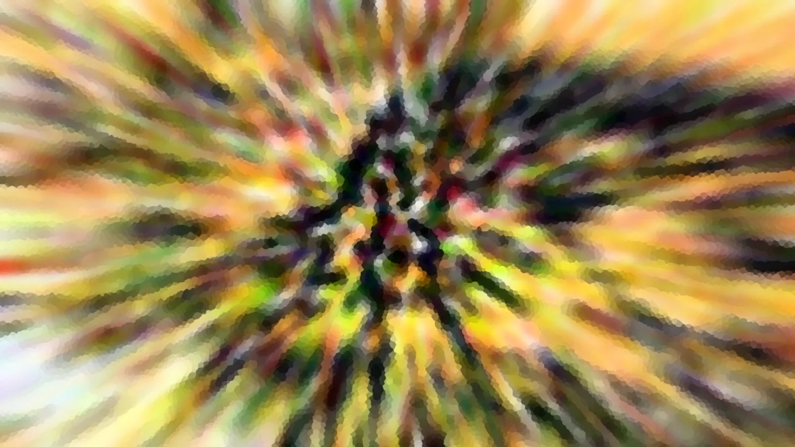 Abstrakte Komposition aus radial verwischten gelben, grünen und dunklen Streifen, zur Mitte hin dunkler und mosaikartig gepixelt.
