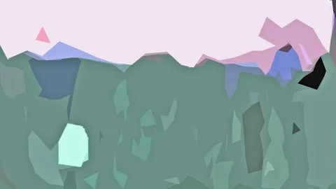 Abstrakte Landschaft aus flachen, grünen und blauvioletten Formen unter einem hellrosa Himmel, mit einzelnen dunklen und hellmintfarbenen Flächen.
