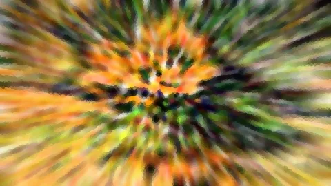 Abstrakte Komposition aus orangen, gelben und grünen Streifen, die von einem dunklen Zentrum radial nach außen laufen, mit mosaikartiger Körnung.