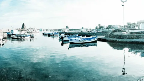 Blau-weiß lackierte Fischerboote liegen im ruhigen Wasser eines Hafens, im Hintergrund Felsen, Häuser und eine Straßenlaterne unter hellem Himmel.