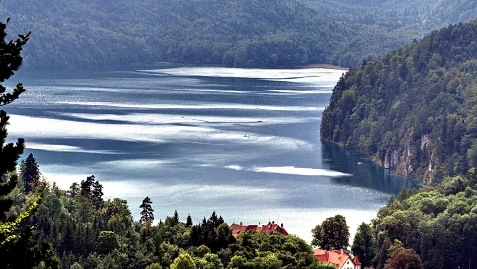 Ein langgezogener Bergsee mit glitzernder Wasseroberfläche, umgeben von bewaldeten Hängen, im Vordergrund Baumwipfel und zwei rote Hausdächer am Ufer.