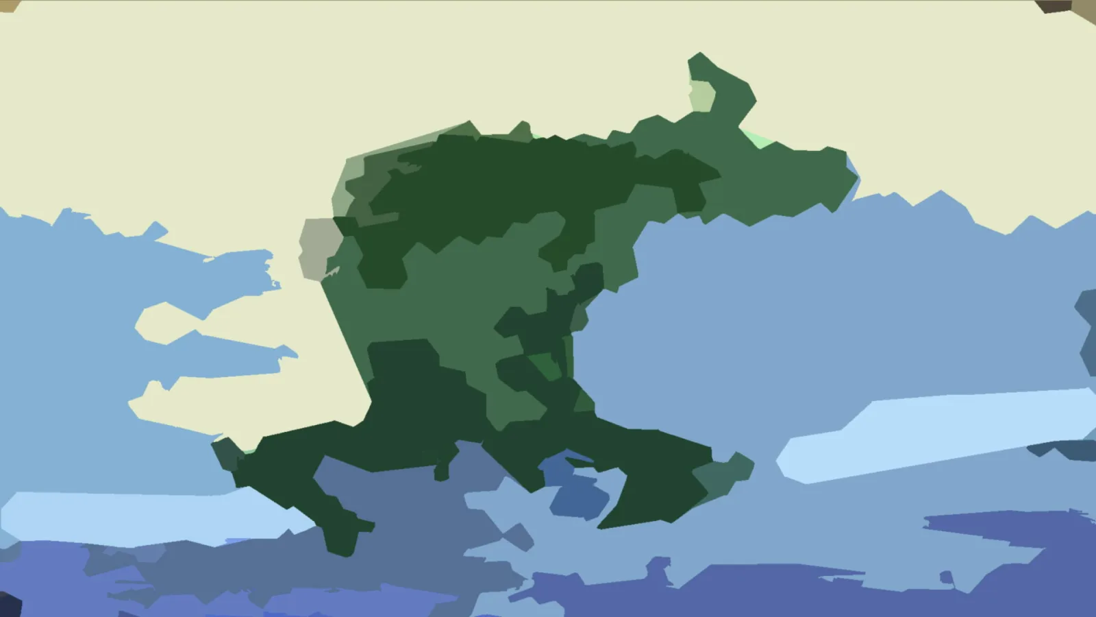 Abstrakte Komposition aus cremefarbenen, hellblauen und blauen Flächen mit einer zentralen, dunkelgrünen Form