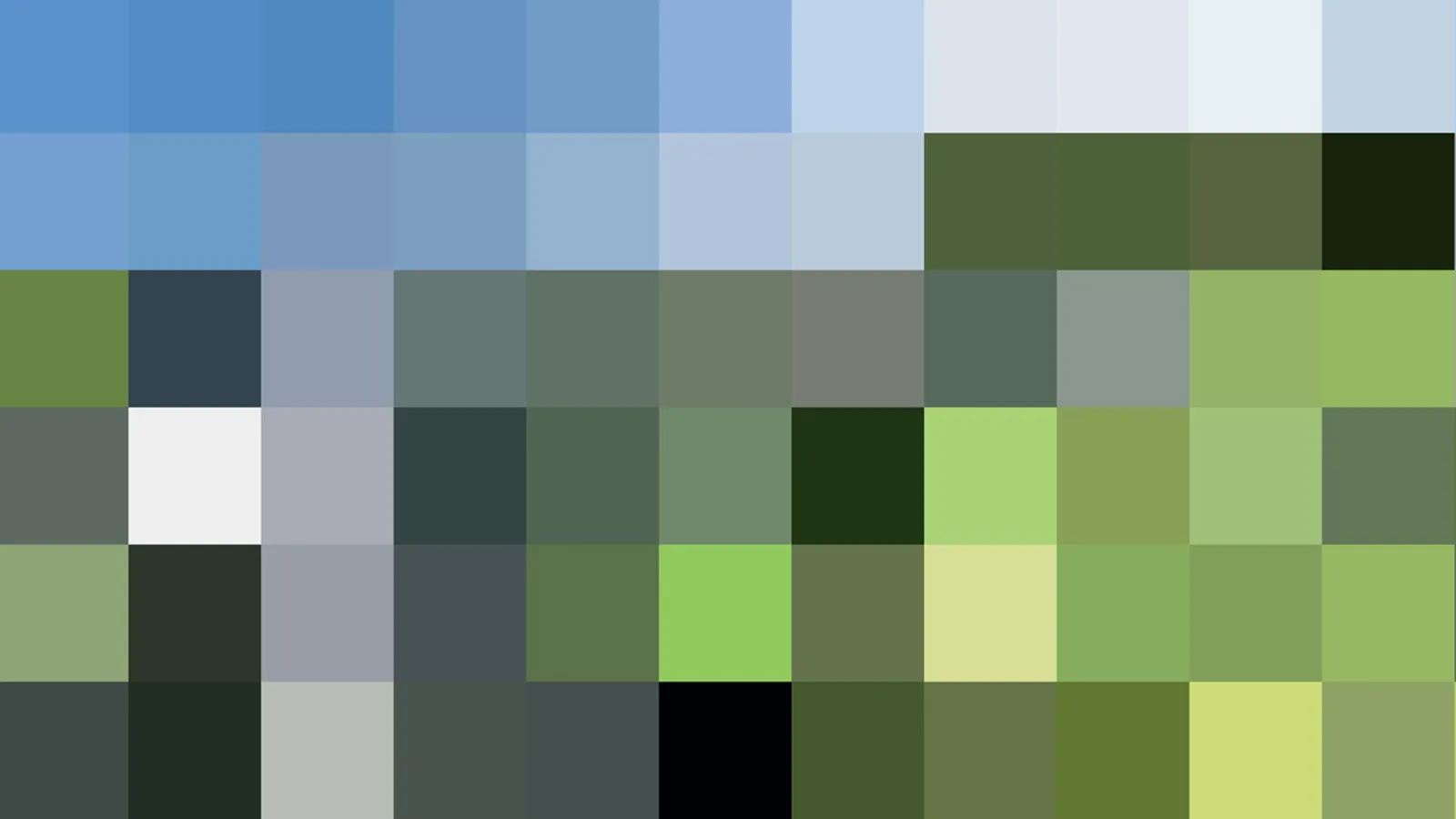Abstraktes Mosaik aus quadratischen Pixeln, oben in Blau, in der Mitte und unten in Grün- und Grautönen.
