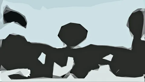 Abstrakte Komposition aus dunklen, unregelmäßigen Formen auf hellblauem bis hellgrauem Grund, mit einer großen dunklen Fläche im unteren Bereich.