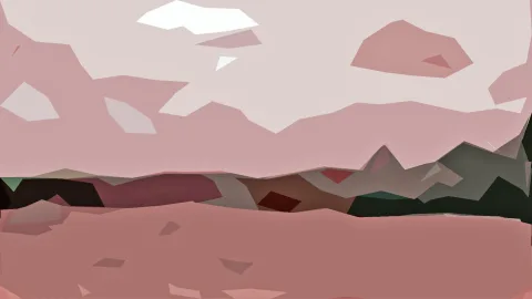 Flache, rosafarbene Low-Poly-Landschaft mit einer Gebirgskette, dunklen Nadelwäldern und weißen Wolkenformen am Himmel.