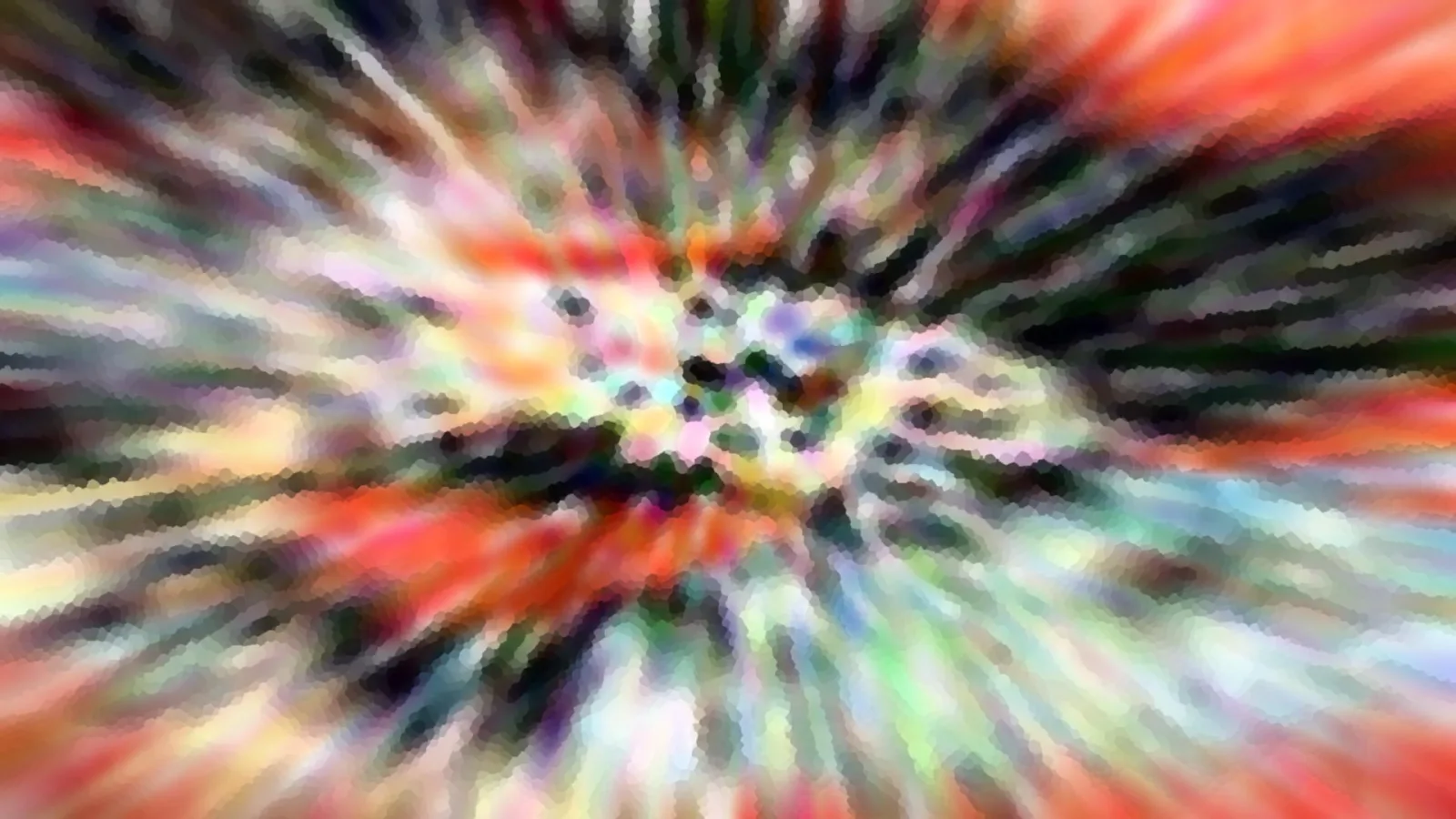Abstraktes Bild mit bunten Streifen in Rot, Orange, Grün und Weiß, die radial von einem dunklen Zentrum nach außen laufen, verwischt und pixelig.