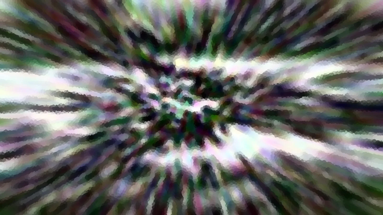 Abstrakte Komposition aus bunten, verwischten Streifen, die radial von einem dunklen Zentrum nach außen strahlen. Farben: Grün, Violett, Weiß und Schwarz, mosaikartig pixelig.