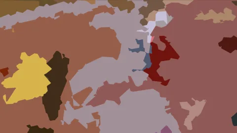 Abstrakte Komposition aus unregelmäßigen Farbflächen in Terrakotta, Graulila, Gelb, Dunkelbraun und Rot.