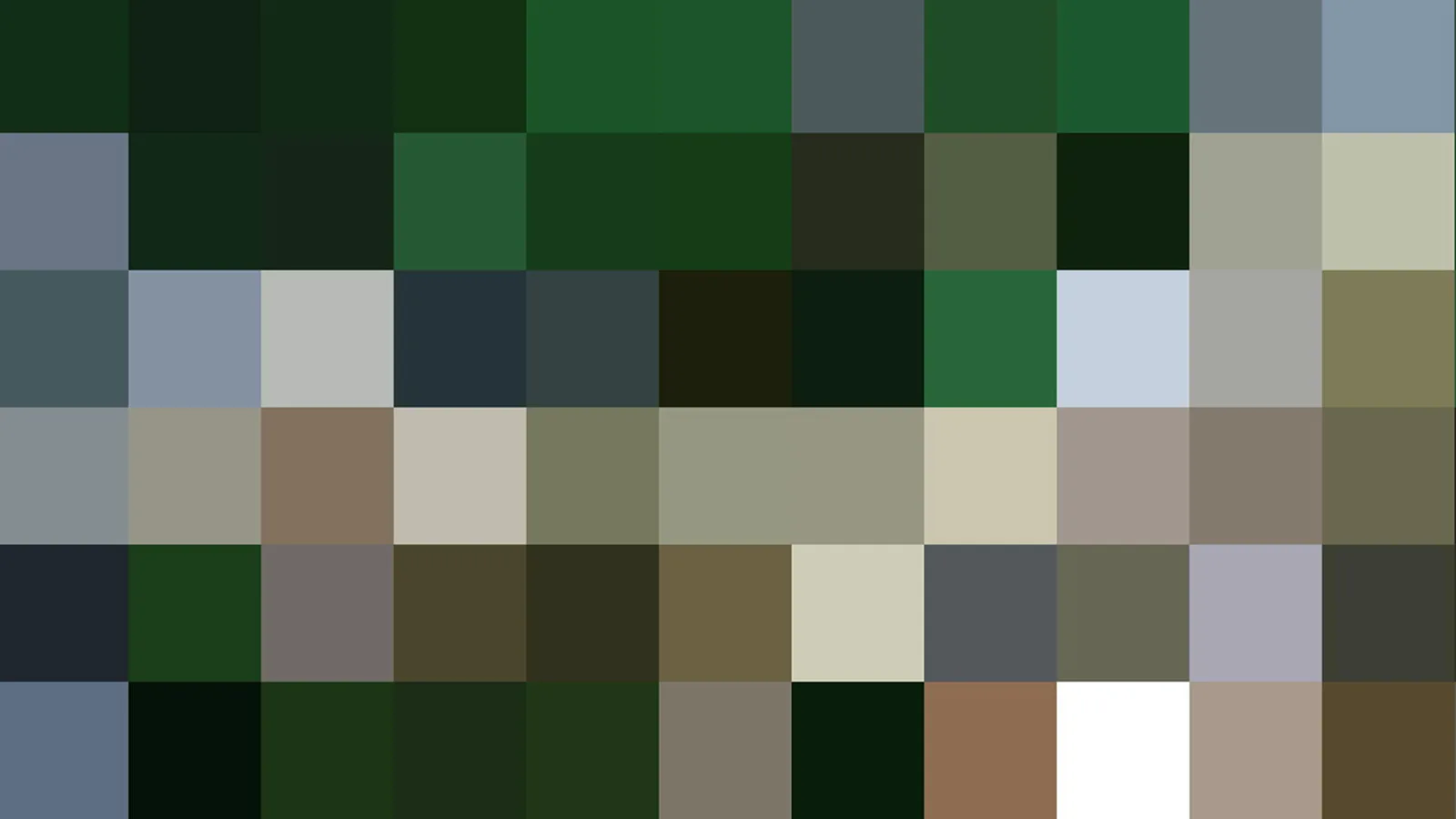 Mosaik aus quadratischen Pixelblöcken in Dunkelgrün, Grau, Beige und Braun, mit einzelnen hellen und weißen Feldern.