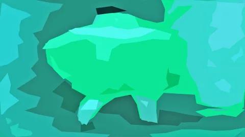 Abstrakte grüne Polygonform mit hellen und dunklen Flächen vor türkisfarbenem Hintergrund.