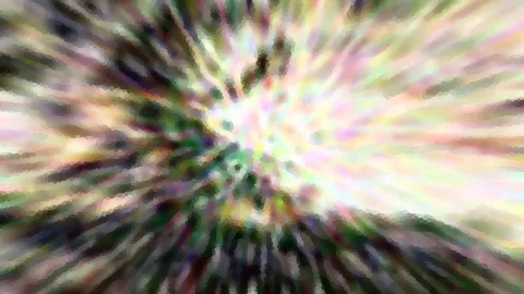 Abstrakte Komposition aus pastellfarbenen Schlieren, die radial von einem hellen Zentrum ausstrahlen, mit pixeligem Mosaikmuster.