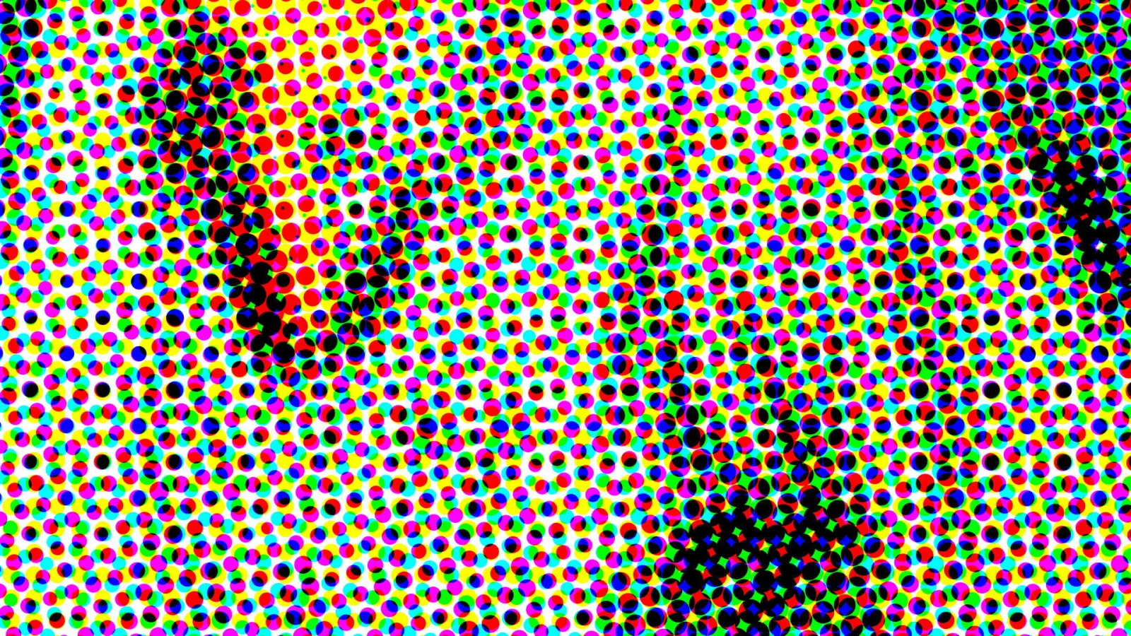 Dichtes Raster aus bunten Punkten in Rot, Gelb, Blau, Grün und Schwarz auf weißem Grund, dunkle Punktgruppen ziehen diagonal durchs Bild.