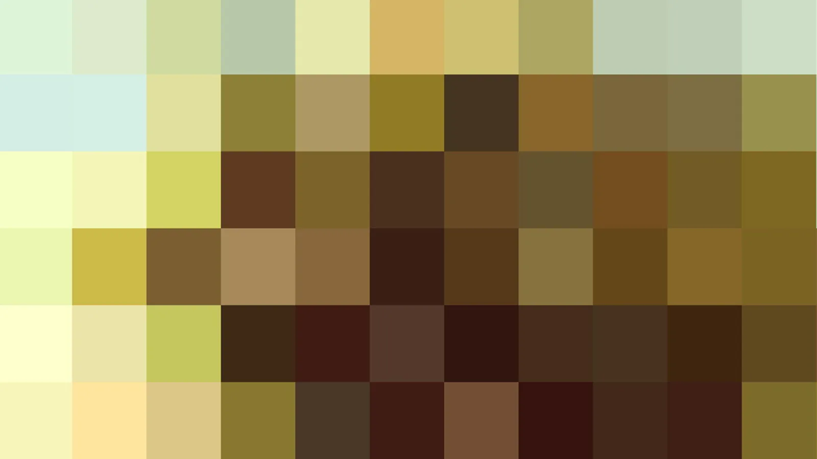 Mosaik aus quadratischen Farbblöcken in Hell- und Olivgrün, Gelb, Ocker und dunklen Brauntönen.