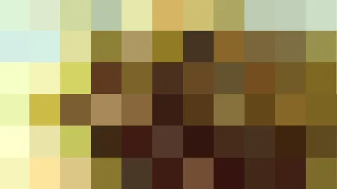 Mosaik aus quadratischen Farbblöcken in Hell- und Olivgrün, Gelb, Ocker und dunklen Brauntönen.
