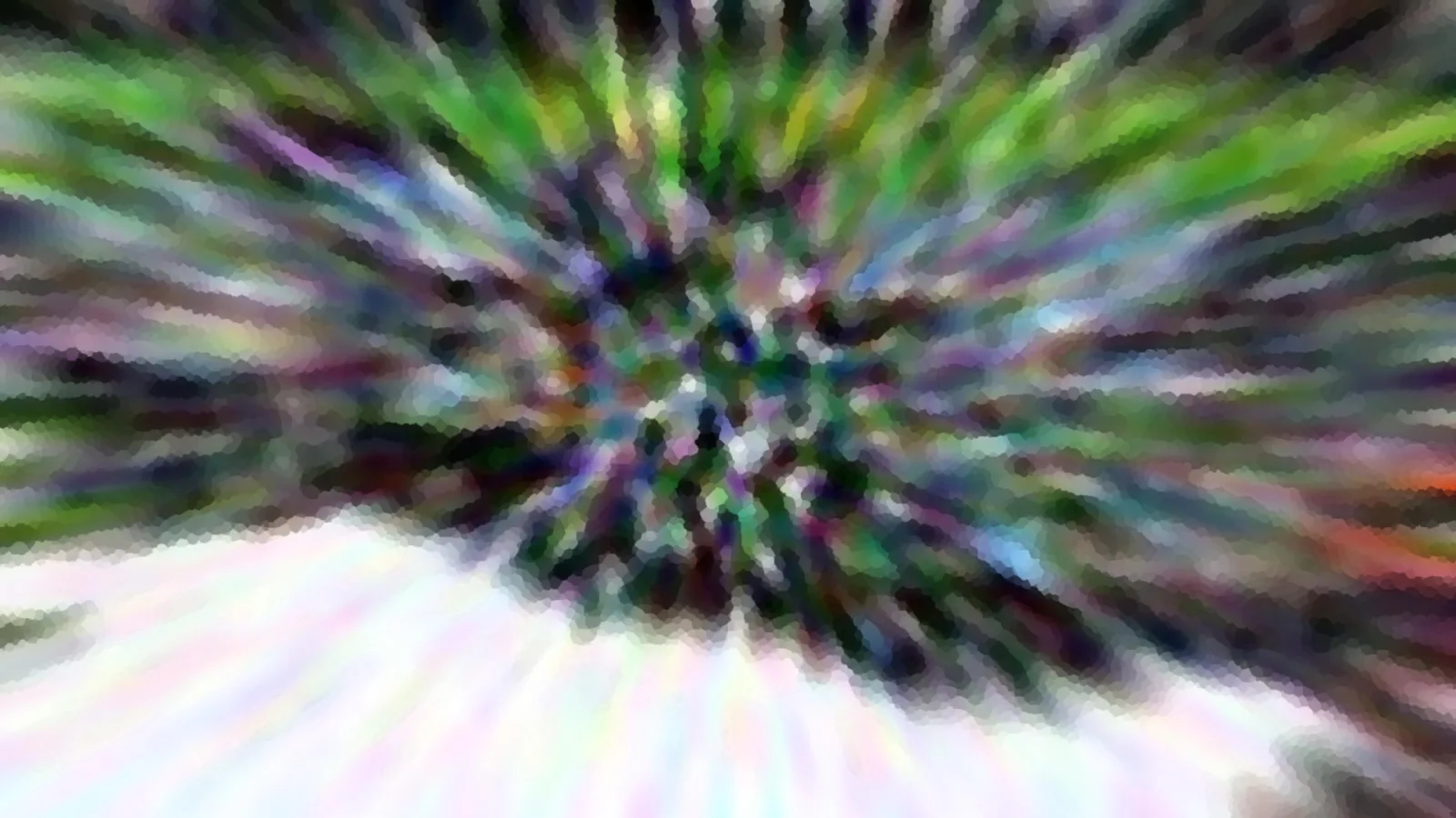 Abstrakte radiale Bewegungsunschärfe mit grünen, violetten und weißen Farbstreifen, die von einem dunklen Zentrum nach außen strahlen, mosaikartig pixelig.