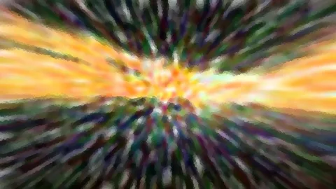Abstrakte Landschaft mit orangefarbenem Himmel und Hügeln, die durch radiale Bewegungsunschärfe in grüne, violette und gelbe Streifen aufgelöst sind.