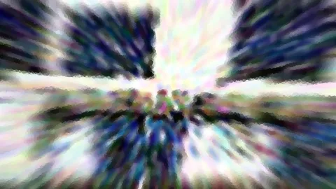 Abstraktes Bild mit radial von einem hellen Zentrum ausgehenden, verwischten Streifen in Blau, Violett und Pastelltönen, am Rand dunkel.