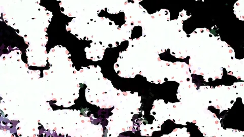 Abstraktes Muster aus großen schwarzen, unregelmäßigen Flecken auf hellem Grund, dazwischen verstreute kleine schwarze, rosa und violette Punkte, am rechten Rand und unten vereinzelt grünliche Akzente.
