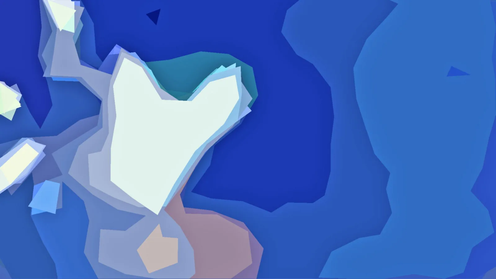 Abstrakte Komposition aus blauen Flächen, einer großen weißen Herzform links der Mitte und kleinen rosafarbenen und beigen Feldern.