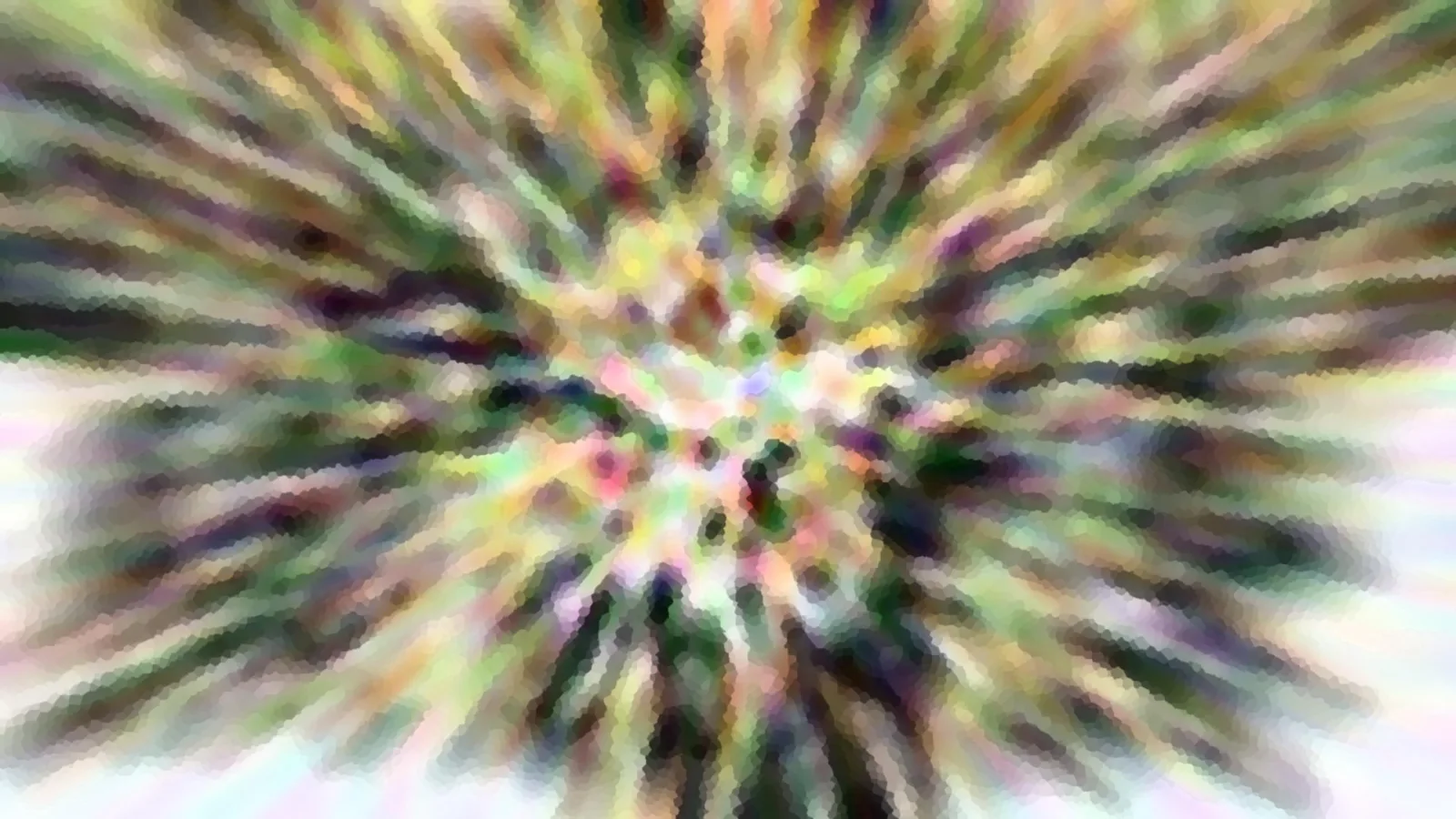 Abstrakte Komposition aus bunten Schlieren, die von einem hellen Zentrum radial nach außen laufen, grob gepixelt.