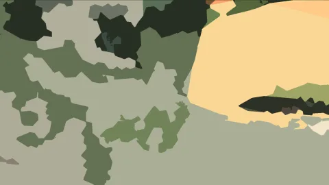 Abstrakte Komposition aus grünen, olivfarbenen und hellgelben Flächen mit einem dunklen Keil rechts.