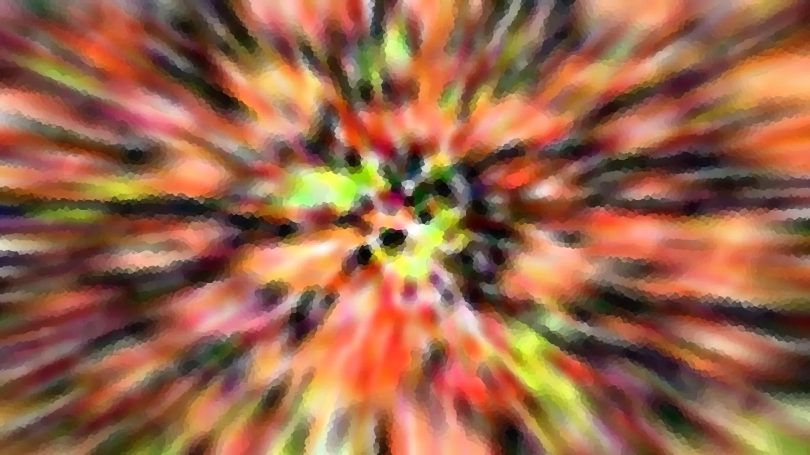Abstrakte Komposition aus Orange, Rot, Gelb und Schwarz, die von einem zentralen Punkt radial nach außen strahlt, mit mosaikartiger Pixelstruktur.