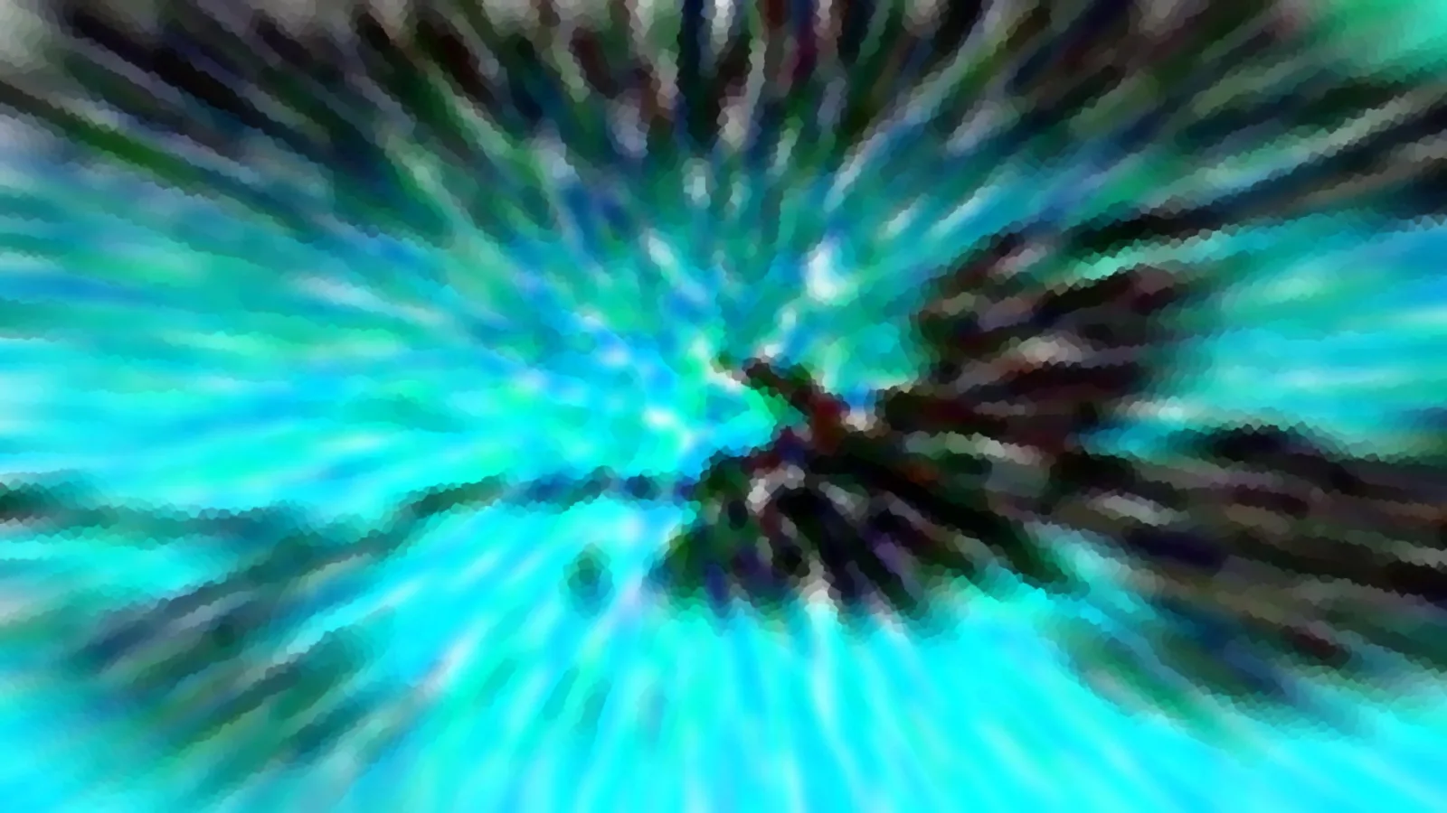 Abstrakte Komposition aus türkisfarbenen und dunklen Streifen, die von einem zentralen Punkt radial nach außen laufen.
