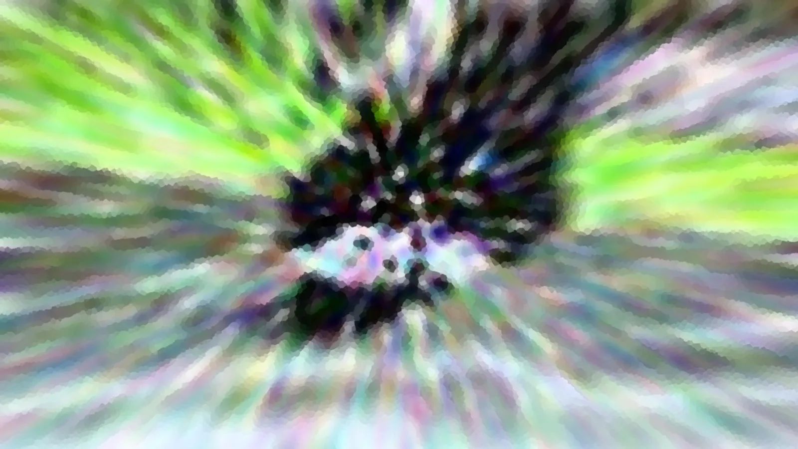 Abstraktes Bild mit radialen Farbstrahlen in Grün, Weiß und Violett, die von einem dunklen Zentrum nach außen laufen.