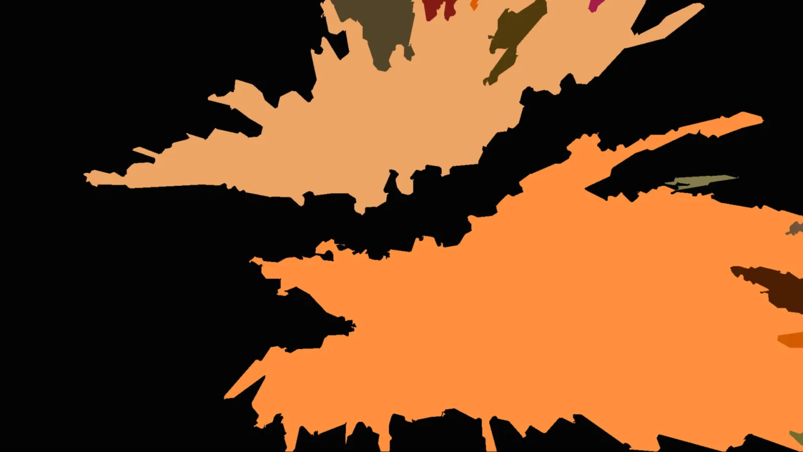Abstrakte Komposition aus orangefarbenen und cremefarbenen Flächen auf schwarzem Grund, dazu kleine olivfarbene Akzente.