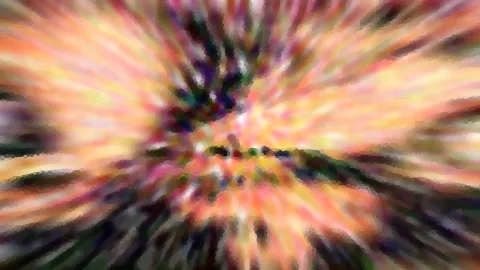 Abstrakte Komposition aus radial verlaufenden Schlieren in Orange, Gelb, Pink und Dunkelgrün, mit mosaikartiger Körnung.