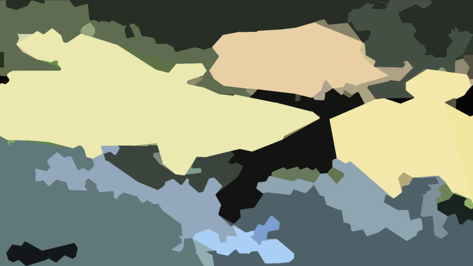 Abstrakte Komposition aus unregelmäßigen Farbflächen in Hellgelb, Beige, Schwarz, Dunkelgrün und Blaugrau.