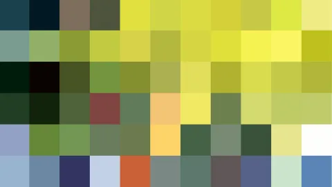 Abstraktes Mosaik aus rechteckigen Farbfeldern in Gelb, Grün, Blau, Rot und Weiß, in einem Raster von fünf Reihen angeordnet.