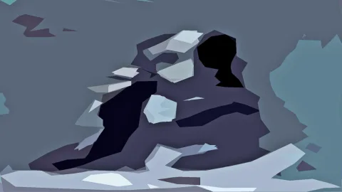 Abstrakte Komposition aus flachen, kantigen Polygonen in Grau, Dunkelblau und Schwarz, mit weißen Schneeflächen am unteren Rand.