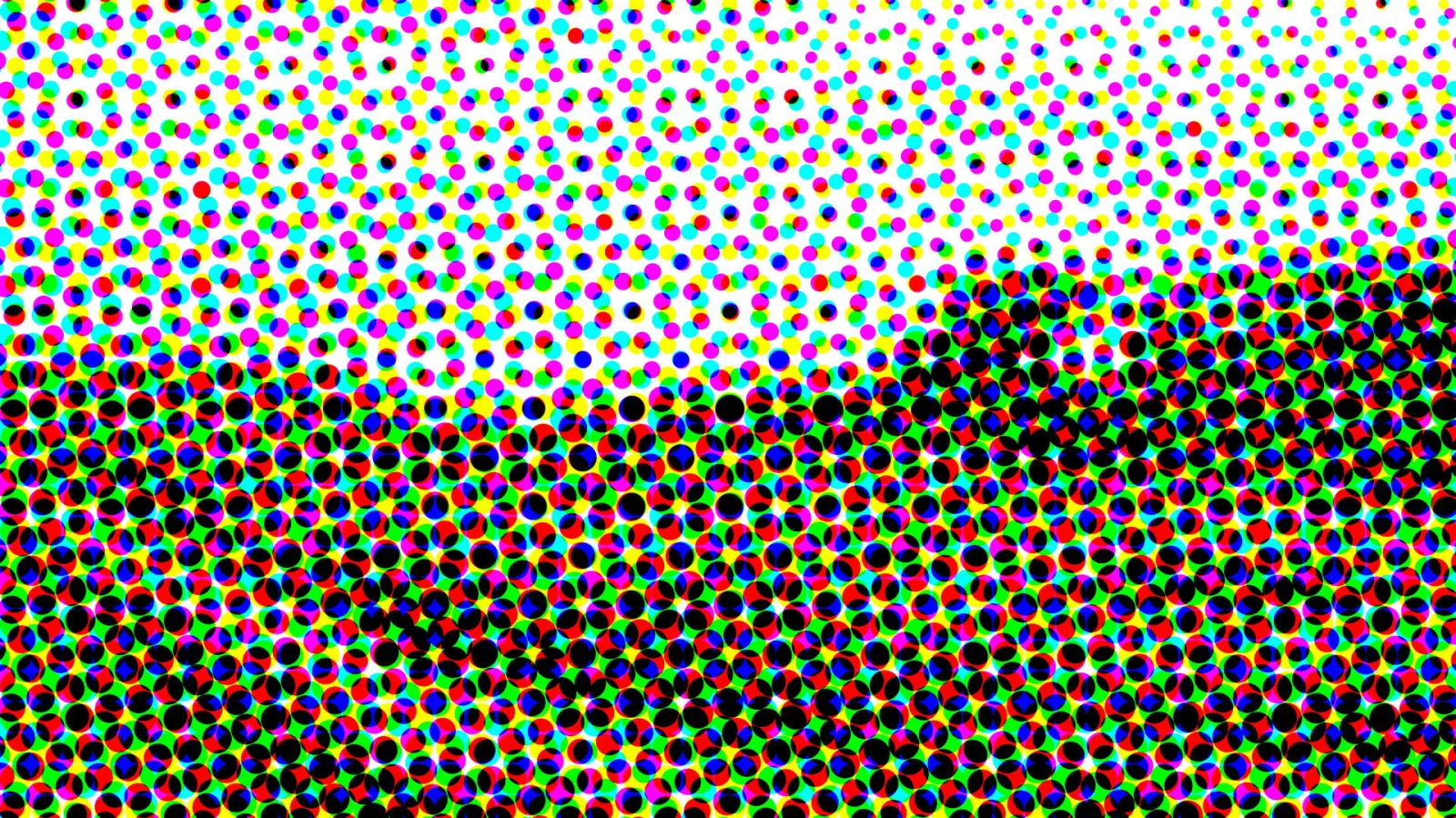 Abstraktes Muster aus farbigen Punkten in Cyan, Magenta, Gelb, Grün und Schwarz, die von oben nach unten dichter werden und auf weißem Grund in ein dunkles Feld übergehen.