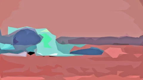 Abstrakte, flächige Landschaft mit korallrotem Himmel und Boden, links eine türkisfarbene und blaue Formengruppe, im Hintergrund lila Hügelkette.