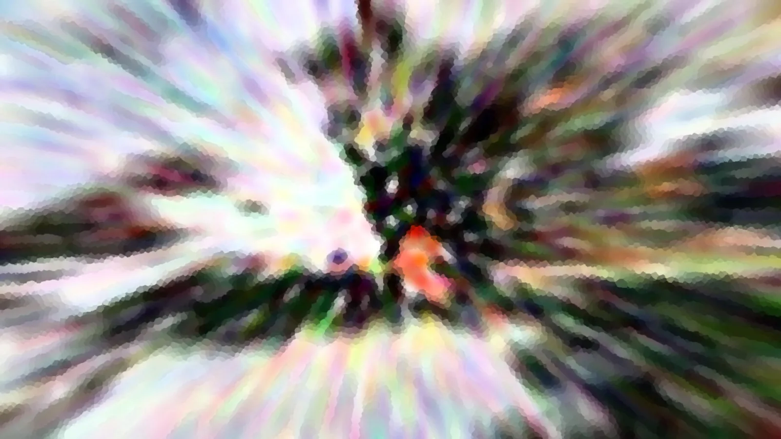 Abstrakte Komposition aus radial verlaufenden, bunten Schlieren mit einem dunklen Zentrum und einem rotorangen Fleck.
