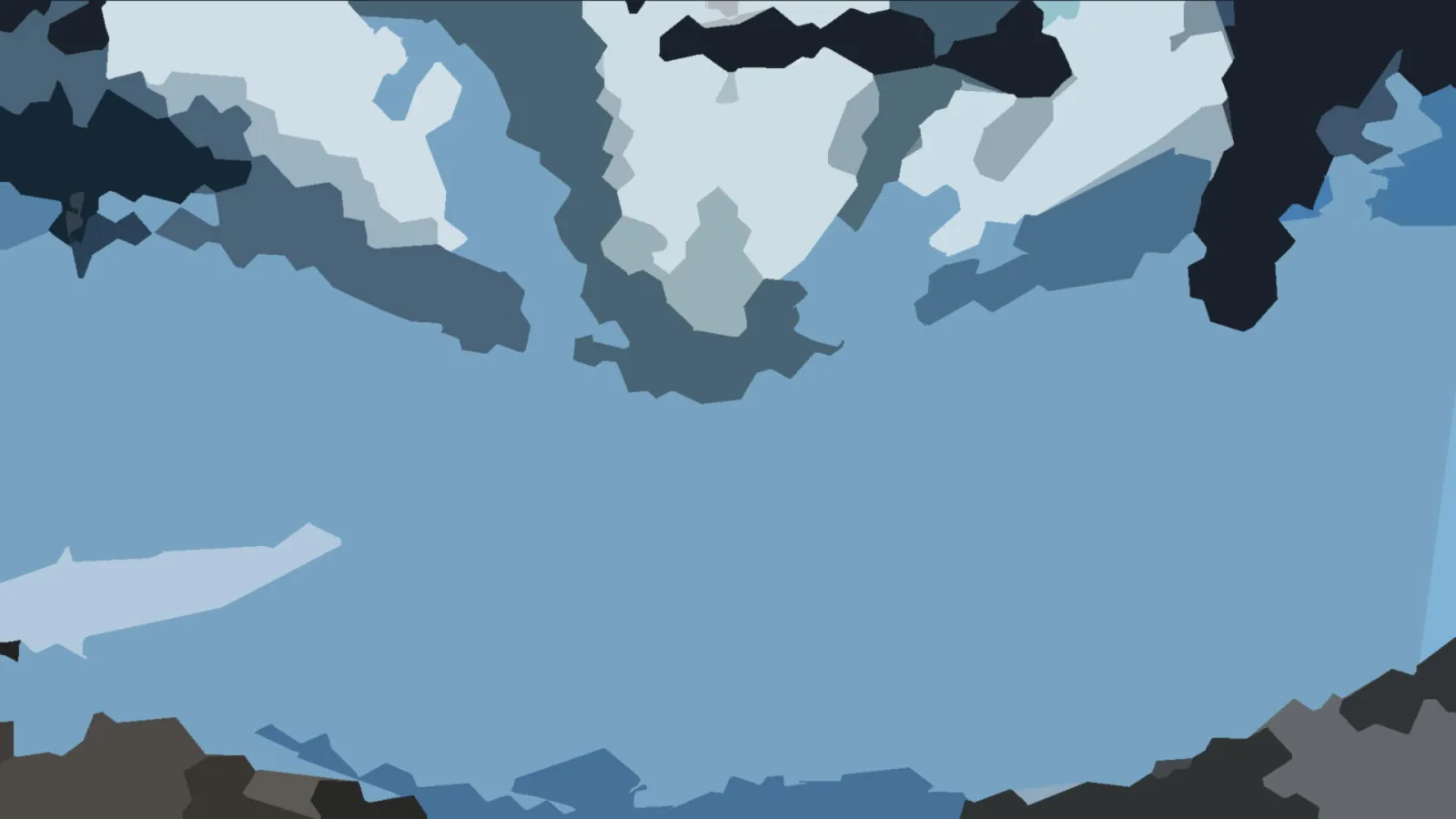 Abstrakte Komposition aus flächigen blauen, grauen und dunklen Formen auf hellblauem Grund, mit einer großen ruhigen Mitte und dunklen Partien oben rechts und unten.