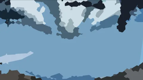 Abstrakte Komposition aus flächigen blauen, grauen und dunklen Formen auf hellblauem Grund, mit einer großen ruhigen Mitte und dunklen Partien oben rechts und unten.