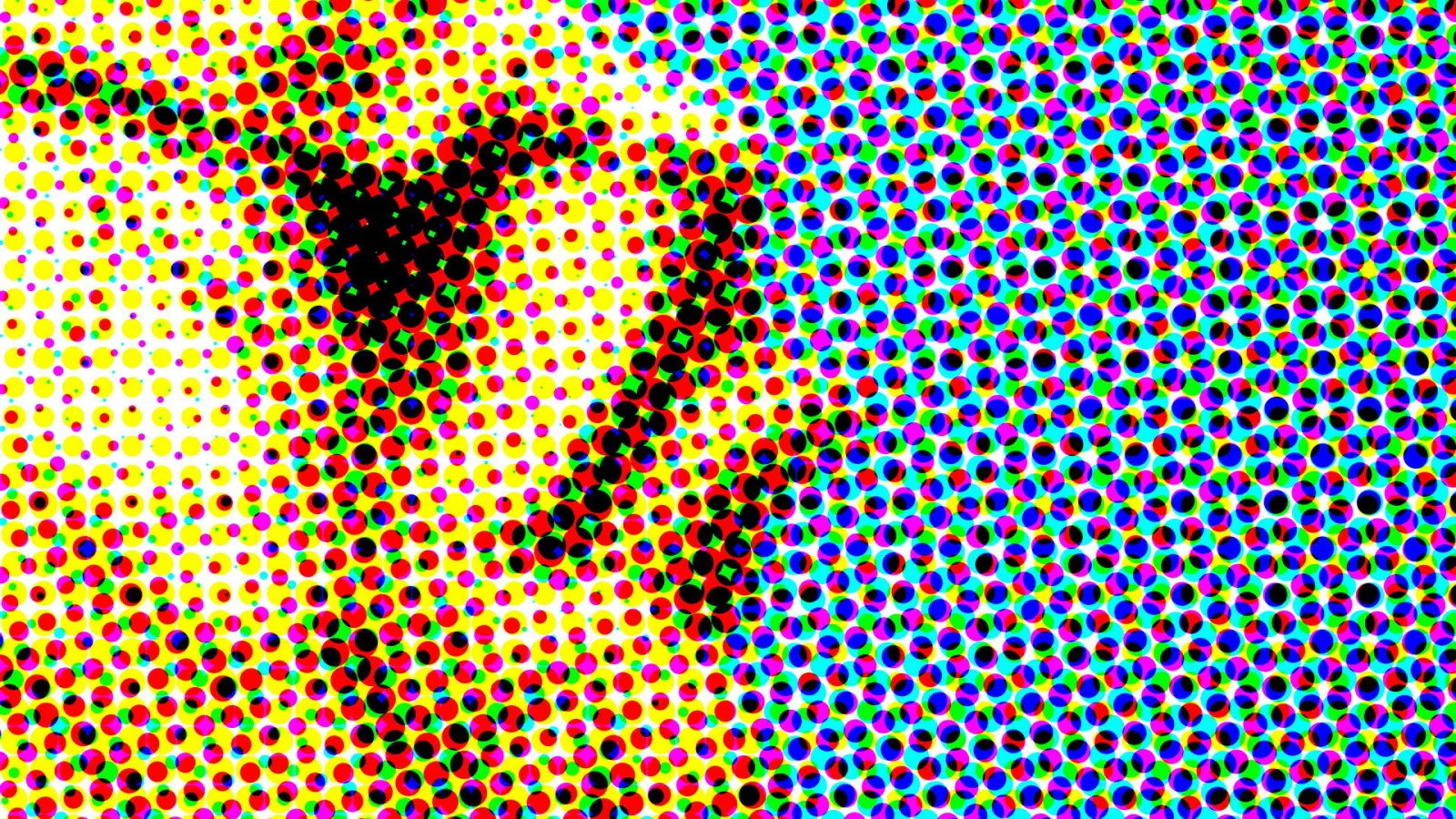 Dichtes Raster aus bunten Punkten in Gelb, Rot, Grün, Blau und Magenta, in der Mitte formt sich eine schwarze diagonale Form.