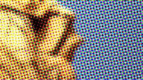 Dichtes Raster aus bunten Punkten in Gelb, Rot, Grün, Blau und Magenta, in der Mitte formt sich eine schwarze diagonale Form.