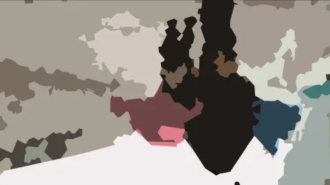 Abstraktes Gemälde aus flächigen Formen in Schwarz, Beige, Grau, Rosa, Weiß, Blau und Petrol, dicht gedrängt im Zentrum.